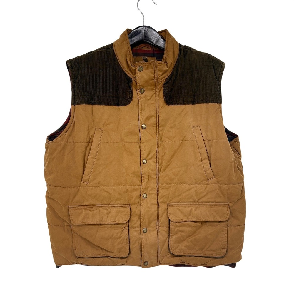 Lands End Mens XXL Tan Puffer Vest Corduroy Yoke Plaid Flannel Lined Vintage